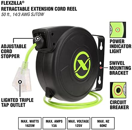 Flexzilla Retractable Extension, 14/3 AWG SJTOW, 50', Grounded Triple Tap Outlet Electric Cord Reel, ZillaGreen, FZ8140503
