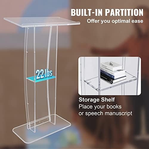 VEVOR Acrylic Podium, 47" Clear Acrylic Podium Stand with Wide Reading Surface & Storage Shelf, Floor-Standing Clear Pulpits Acrylic for Church Office School
