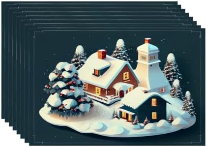 Batmerry Christmas Houses Linen Placemats Set of 8, Holiday Building Covered Snow Spruce Washable Table Mats for Kitchen Table Thickened Heat Insulation Dining Set Indoor Outdoor 12X18 in