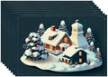 Batmerry Christmas Houses Linen Placemats Set of 8, Holiday Building Covered Snow Spruce Washable Table Mats for Kitchen Table Thickened Heat Insulation Dining Set Indoor Outdoor 12X18 in