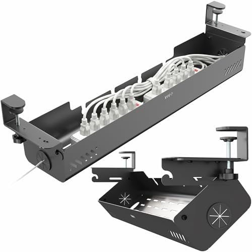 VIVO No Drill 35 inch Under-Desk Clamp-On Cable Management Box with Flip-Open Lid, Easy-to-Open Steel Cord and Power Strip Organizer, Cable Organizer Tray, 11 lbs Capacity, Black, DESK-ACMB35-C
