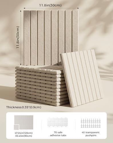 Aothia 12-Pack Felt Bulletin Board Tiles 48"x36", Modular Pin Board for Notes, Photos & Mood Boards, Cork Board Alternative for Smooth Walls, 0.35" Thick, 70 Adhesive Tabs & 40 Pins, Oatmeal