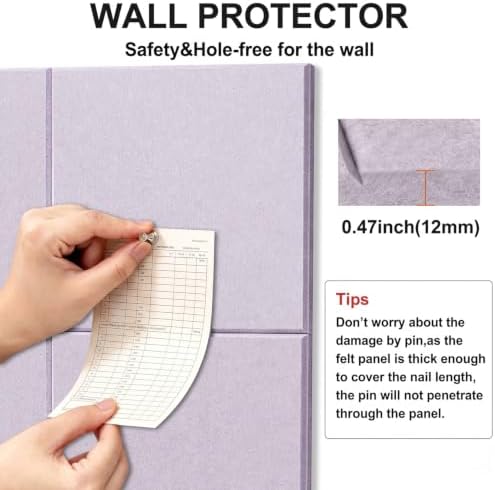 Felt Wall Tiles Bulletin Board Large Cork Board Alternative 12 Pack 11.81”x11.81”x0.47” Felt Pin Board Tack Board with Safe Removable Adhesive Tabs for Home Office School 48x36(Light Purple)