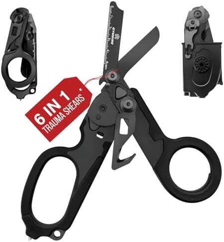 Heavy Duty 6 in 1 Multifunctional Trauma Shears Foldable | Stainless Steel Emergency Response Scissors | Survival Shears With Holster | Medical Trauma Shears Tactical With Strap Cutter | Matte Black