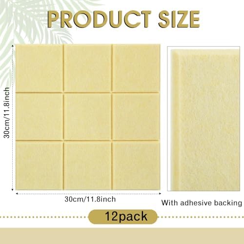 Honoson 12 Pack Felt Bulletin Board Tiles with Safe Adhesive, Light Yellow