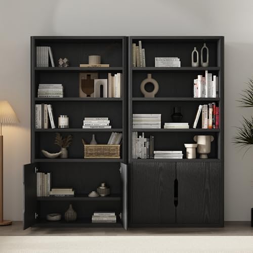 Manhattan Comfort Rivington Bookshelf, 79" Tall 4 Open Shelve Bookcase with Adjustable Shelves, and Soft Close Doors for Living Room or Home Office, Rounded Corner Storage Cabinet, Set of 2 in Black