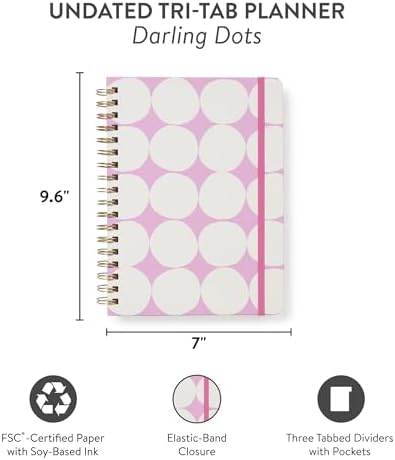 Orange Circle Studio Undated Tri-Tab Planner, Darling Dots Weekly & Monthly Planner Journal, 7 x 9.6 Spiral Notebook with Stickers, Pockets, Elastic Closure and Lined Notes for Everyday Use