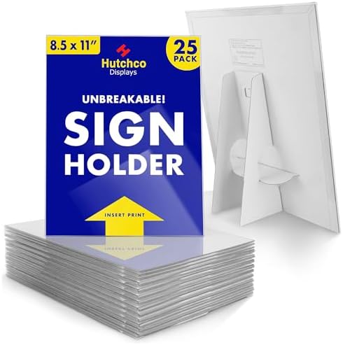Paper Sign Holder (8.5 x 11 Inches) Plastic Countertop Display w/Shatterproof (No Acrylic) Clear Design & Cardboard Easel Back Tabletop Slant Support for Stackable Lightweight Portable by Hutchco