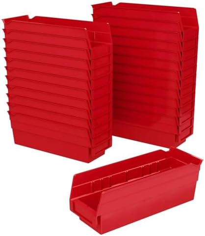 Akro-Mils 30120 Heavy Duty Plastic Shelf Bins, 12"x 4"x 4", Red, 24-Pack