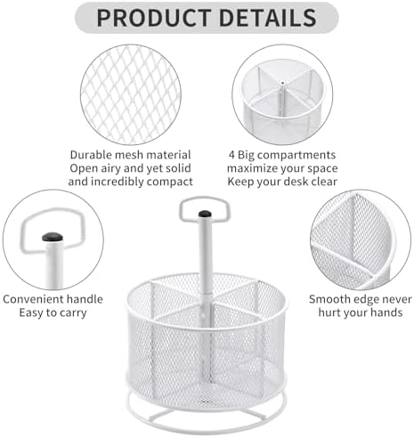 Marbrasse Mesh Desk Organizer, 360-Degree Rotating Multi-Functional Pen Holder, 4 Compartments Desktop Stationary Organizer, Home Office Art Supply Storage Box Caddy (White)