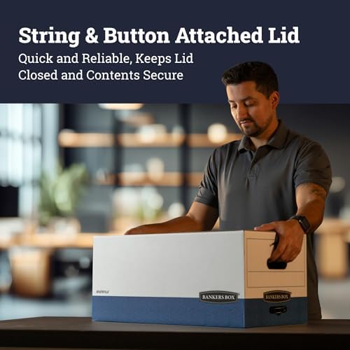Bankers Box 12-Pack String & Button Heavy-Duty File Box, Legal, FastFold