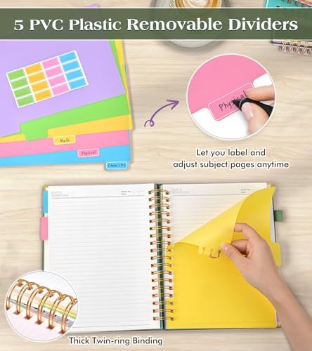 Spiral Notebook Journal with Removable Dividers Tabs, 300 Pages Hardcover Leather 5 Subject College Ruled Notebook, 8.5"x11" Large A4 Lined Journal for Women Men, Spiral Notebook for Work School,Green