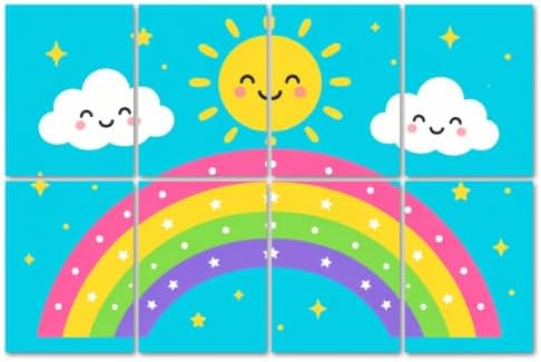 8 Pack Art Acoustic Panels Sound Absorbing Cute Rainbow Smiling Sun Clouds Stars Blue Decorative Soundproof Wall Panels Self Adhesive for Home Recording Studios 48"x32"