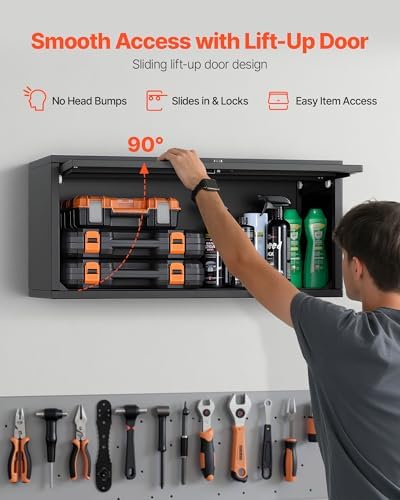 VEVOR Metal Wall Cabinet, 30.31W x 12.01D x 14.02H Inch, Floating Garage Tool Cabinet with Up-Flip Door, 120 lbs Load per Shelf, Fit for Garage, Basement, Kitchen, Warehouse, Assembly Required