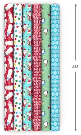 Hallmark Kids Christmas Wrapping Paper Rolls with Cutlines on Reverse (6 Rolls: 180 Sq. Ft. Total) Snowman, Snowflakes, Penguins, Santa Claus