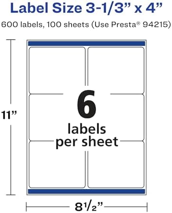 Avery® Matte White Rectangle Labels, Sure Feed® Technology, 3-1/3" x 4", 600 Matte White Printable Labels