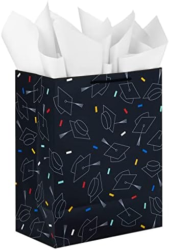 Hallmark 13" Large Graduation Gift Bag with Greeting Card and Tissue Paper (Black, Red, Blue, Holographic) for High School, College, Law School, Nursing, Kindergarten (Pack of 3)