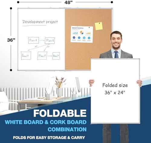 Large White Board Dry Erase Foldable Cork Board Combo 48x36 for Wall