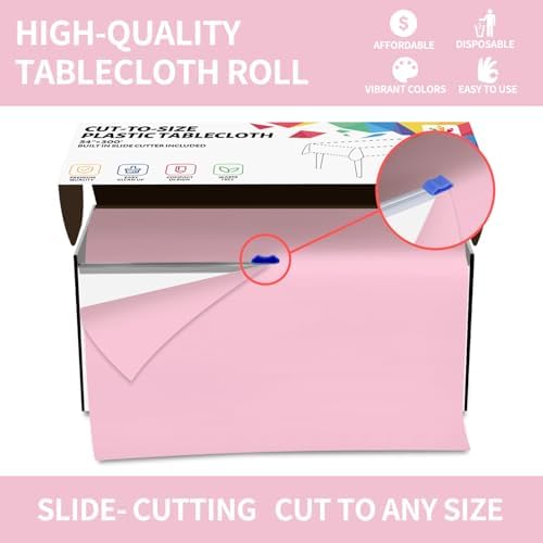 CXPSINC 54 Inch X 300 Feet Plastic Table Cover Roll Disposable Tablecloth with Slide Cutter for All Type/Shape Tables | Party, Banquet, Birthdays, Weddings(Pink, 300 Feet)