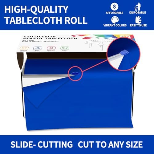 CXPSINC 54 Inch X 300 Feet Plastic Table Cover Roll Disposable Tablecloth with Slide Cutter for All Type/Shape Tables | Party, Banquet, Birthdays, Weddings(Blue, 300 Feet)