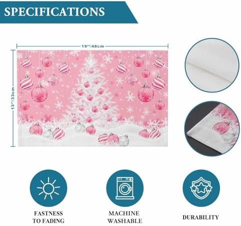 Pink Christmas Placemat 1PC, White Xmas Tree Snowflakes Pink Balls Heat Resistant Washable Table Place Mats Winter Cotton Table Linens Party Holiday Decor for Kitchen Dining Outdoor Indoor