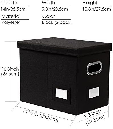 PRANDOM File Organizer Box - Set of 2 Collapsible Decorative Linen Filing Storage Hanging File Folders with Lids Office Cabinet Letter Size Black (14x9.3x10.8 inch)