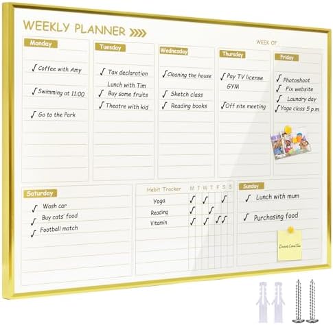 Gold Weekly Dry Erase Board for Wall,12"x16",Gold Metal Frame Weekly Planner Whiteboard for to Do List, Memo, School, Home, Office, Kitchen-GZ