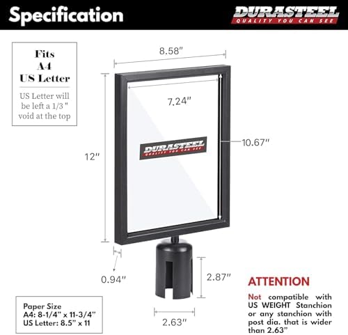 DuraSteel Stanchion Sign Holder 8.5" x 11" Paper Size - Double Sided Portrait Display w/Plexiglass Cover - Black Stanchions Crowd Control Metal Outdoor Sign Holder Stand - NOT Fit US Weight Stantions