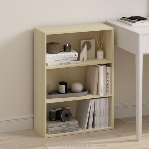 Furinno Simple Book Shelf, 3-Tier Bookshelf, Storage Shelves Bookcase, 9.7 x 23.7 x 31.5, for Living Room, Bedroom, Home Office, Steam Beech