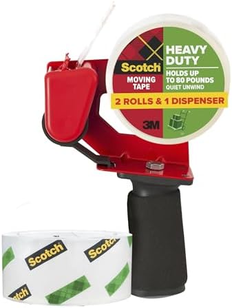 Scotch Heavy Duty Moving Packing Tape, Clear, Makes Packing Easier & Quieter, 1.88 in. x 54.6 yd., 2 Tape Rolls with 1 Dispenser