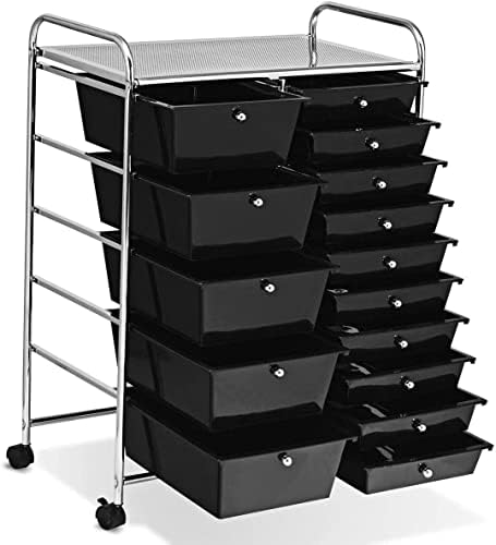 COSTWAY 15 Drawer Rolling Storage Cart, Mobile Utility Cart with Lockable Wheels, Drawers, Multipurpose Organizer Cart for Home, Office, School, Black
