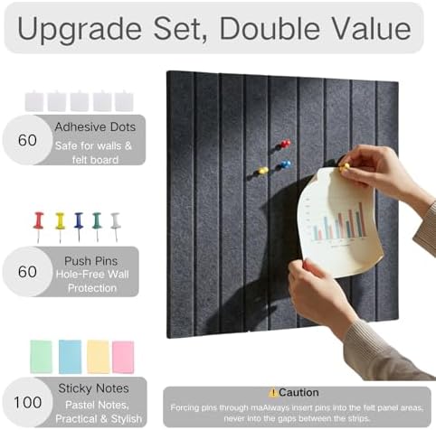 Felt Bulletin Board 48"x36" Large - Cork Board Alternative, 12-Pack Felt Wall Tiles with 70 Adhesive Tabs & 35 Pushpins, Pin Board for Home Office Decor, Gray