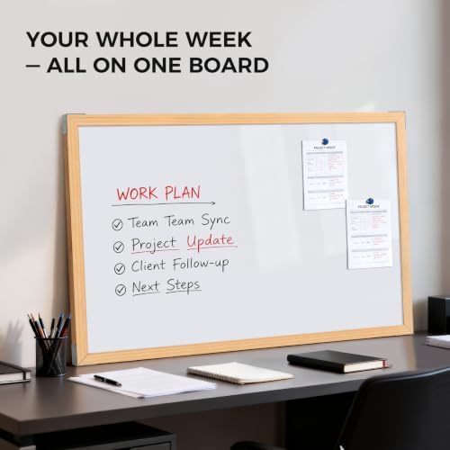 TOWON Magnetic Whiteboard, 36 x 24 Inch, Solid Pine Wood Frame, Natural