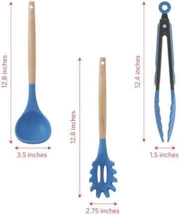 Glad Silicone Kitchen Utensils Set, 8pcs - Nonstick Cooking Tools with Wooden Handles and Utensil Holder - Spatula Set with Turner, Ladle, Spoons, Tongs, and Spaghetti Server - Blue