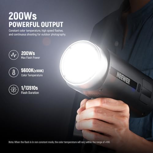 NEEWER Q200 200Ws 2.4G TTL Outdoor Studio Flash Strobe App Control, Compatible with Godox, 1/8000 HSS 3200mAh Battery Photography Monolight 10W Modeling Lamp/750 Full Power Flash/0.01~1.5s Recycle