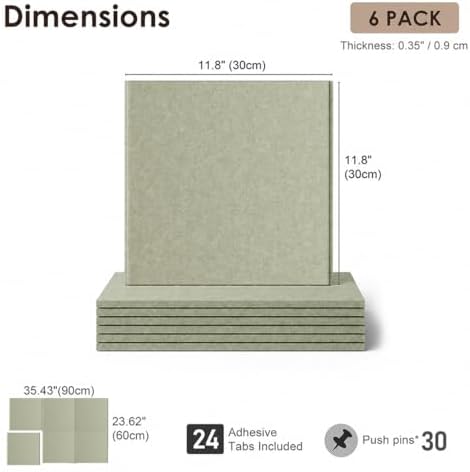 SIOLOC Felt Bulletin Board Tiles, 6 Pack Sage Green Cork Board Alternative for Walls, 36 x 24 in Felt Wall Tiles, Large Push Pin Board for Home Office, Classroom, Dorm Decor