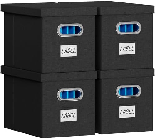 FHSQX 4Pack File Box with Lid, Black, 14 x 9.3 x 10.9 in | File Organizer Box, Portable Hanging File Box, Decorative Filing Storage Boxes, For Office & Home File Cabinet