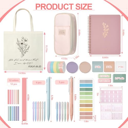 Jutom 110 Pcs Bible Study Supplies Bible Journaling Kit with Canvas Tote Bag Pen Case Notebook Highlighters Pen Sticky Note Tabs Page Markers Stickers Tape for Women Christian Christmas Gift(Pink)