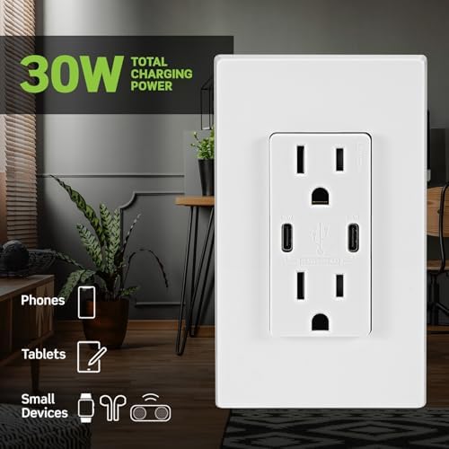 Leviton T5637-I 30W (6A) USB Dual Type-C/C in-Wall Charger with 15A Tamper-Resistant Outlet, USB Charger for Smartphones and Tablets, Not for Laptops, Ivory