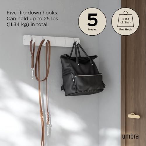 Umbra Flip Coat Rack, Wall Mounted 5-Hook Space Saving, White