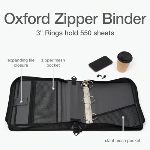 Oxford Zipper Binder with Pockets, 3 Inch Round Rings, Handle and Removable Shoulder Strap, 5-Tab Expanding File, Black & Navy (1006343)