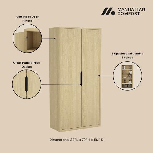 Manhattan Comfort Rivington Bookshelf 79 in Tall 5-Tier Bookcase with Soft Close Doors, Modern Storage Cabinet, Handle-Free, Round Corner Design for Living Room, Bedroom, or Home Office in Natural Oak