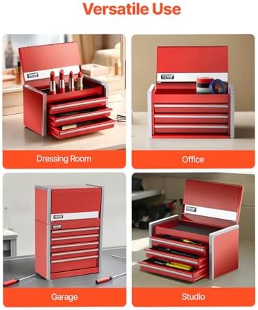 VEVOR Metal Tool Box, 8.6-inch, Portable Metal Tool Box with 3 Drawers, Small Tool Chest with EVA Liners and PP Feet Pads, Heavy-Duty Steel With Ball Bearing Opening and Powder Coated Finish, Red