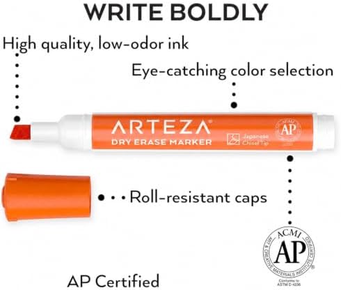 ARTEZA Dry Erase Markers, 52 Pack, 12 Assorted Colors, Low-Odor Whiteboard Markers with Japanese Chisel Tips for Offices, Classrooms, Planning Boards, Glass, and Plastic