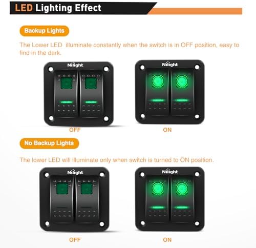 Nilight 2 Gang 3 Pin Rocker Switch Panel On Off SPST Toggle Green