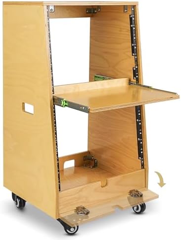 Sound Town DIY Slanted 16U Studio Rack (8U Top + 8U Lower), with 2U Bottom Storage, Slide-Out Tray, Caster, Plywood, Golden Oak for Recording Room, Home Studio (SDRK-ST16T)