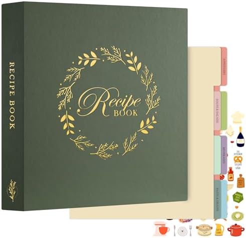 Lanpn Recipe Binder 8.5x11 3 Ring Kit, Waterproof Organizer Binder to Write in Your Own Recipes, Blank Recipe Book with 60 Plastic Sleeves,116 Recipes, Dividers, Labels & Stickers, Green