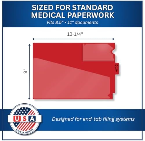 Doctor Stuff - Center Tab Vinyl Outguides, Diagonal Cut Front Pocket, Top Charge Out Slip Pocket, Plastic File Folder, Letter Size 9" x 13-1/4", Red, 25/Box