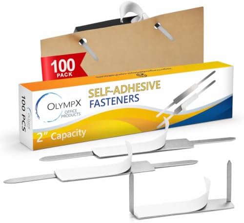 Self Adhesive Prong Paper Fasteners 100 Pack, 2 Inch Capacity, Steel Base