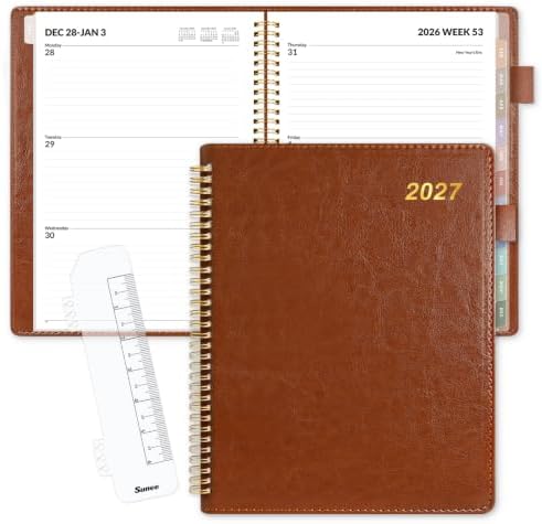 SUNEE 2027 Weekly & Monthly Planner 9"x11.2"- 12 Month (January 2027 - December 2027), Vegan Leather Cover, Pocket, Bookmark, Notes, Monthly Tab, Brown